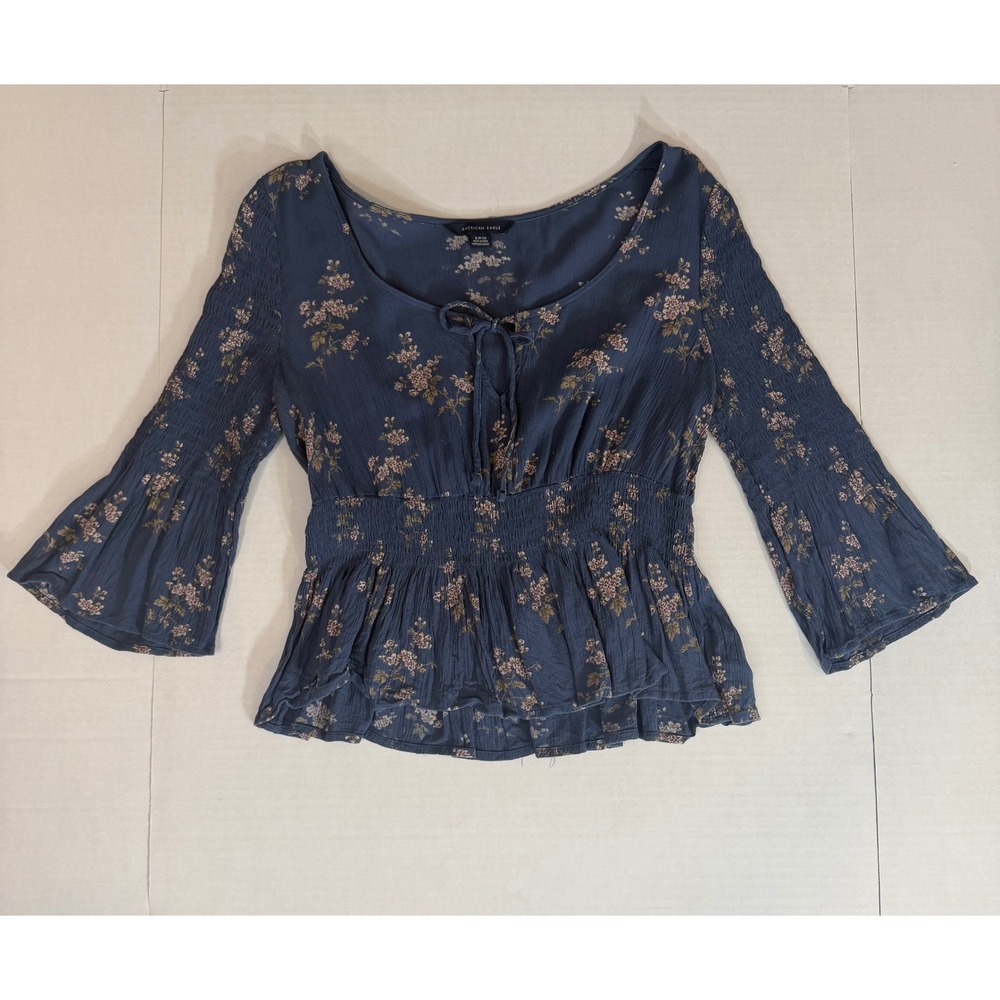 American Eagle Y2K Floral Peasant Blouse Blue Boho Bell Sleeve Small